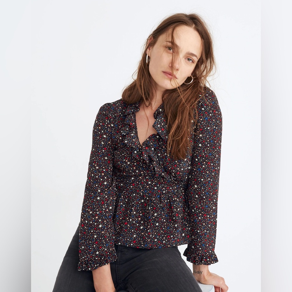 Madewell Women’s Small 100% Silk Ruffle Hem Wrap Blouse Starry Night